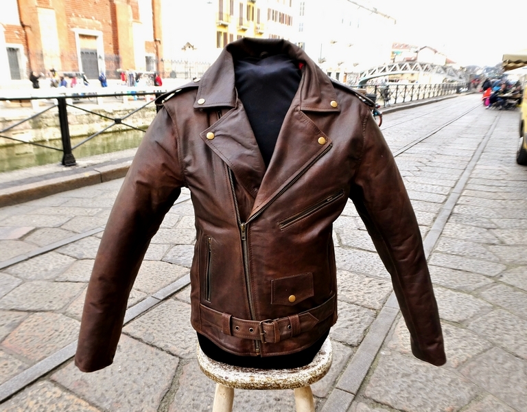 Brown moto leather jacket biker Guendj 