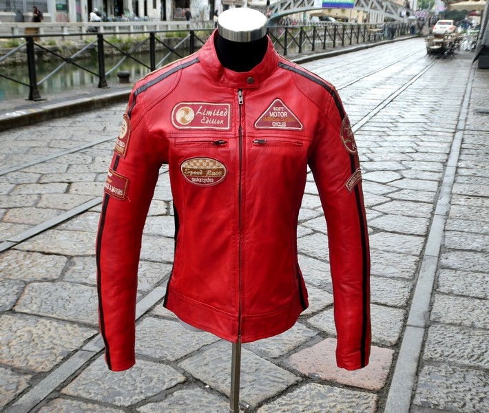 Red biker jacket with patch for woman size M