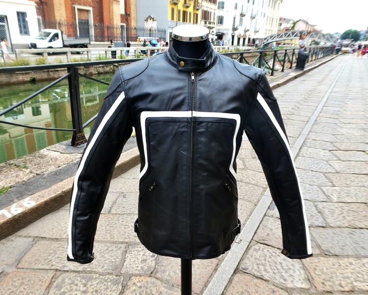 Biker leather jacket white black moto Guendj XL