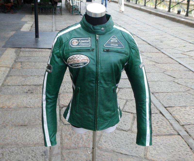 Giacca pelle motociclista biker verde donna 