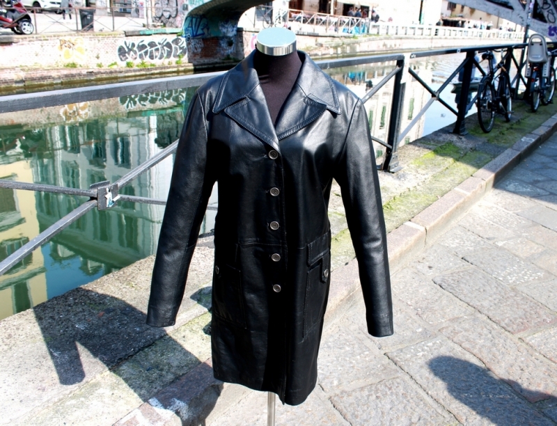 Trench cappotto pelle nero donna vintage 