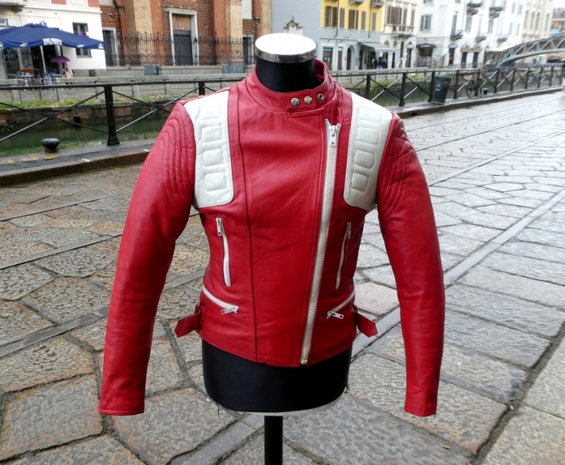 Biker leather jacket red white size 44