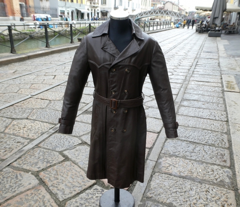 Trench coat in pelle marrone scuro taglia M uomo