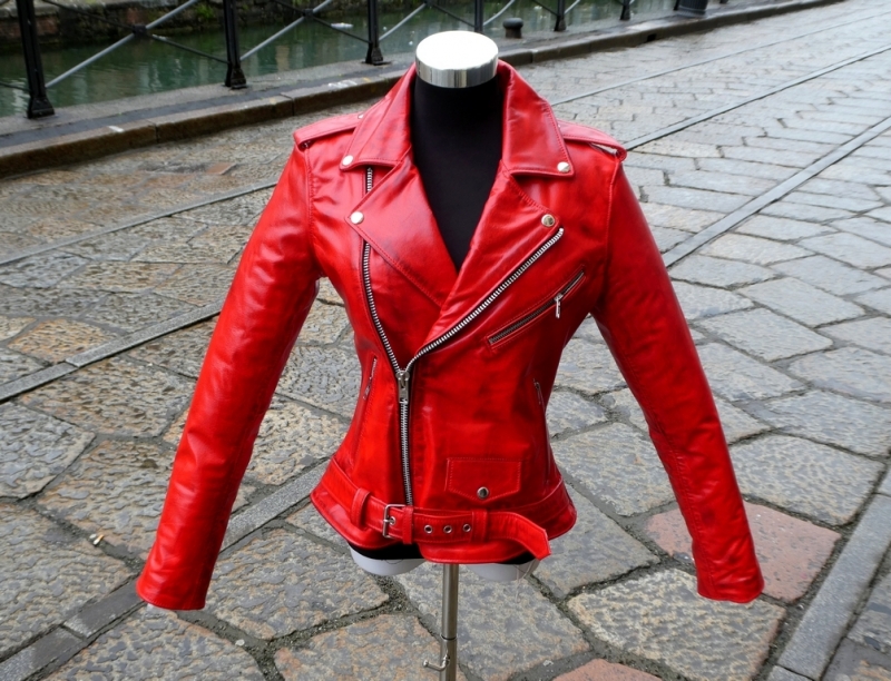 Red biker perfecto Guendj leather jacket size M L 
