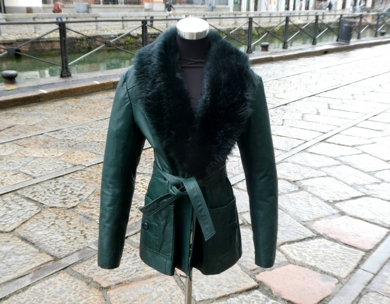 Vintage leather jacket coat greed collar fur size 