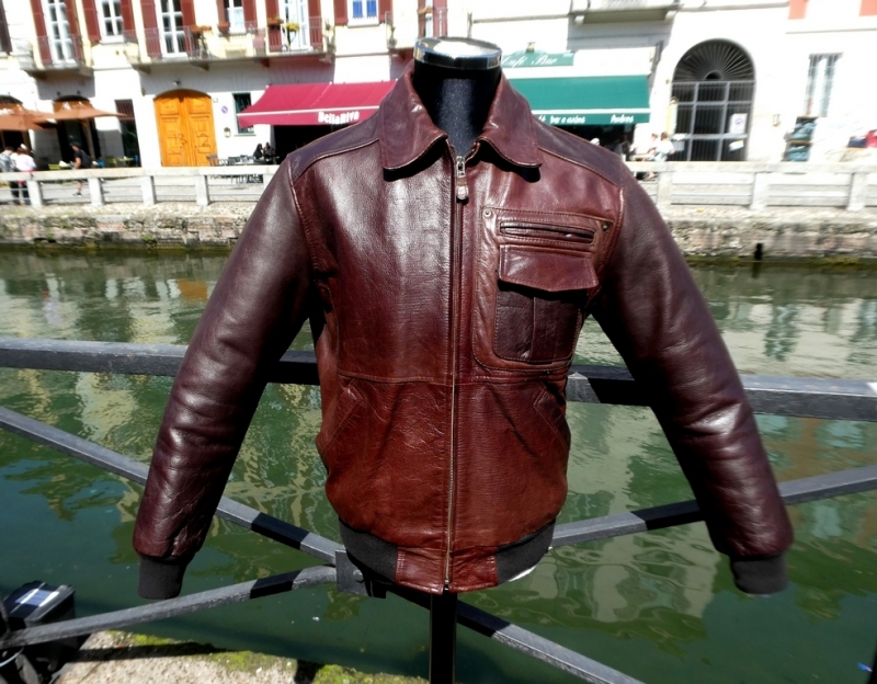 Red wine leather jacket biker moto size L 
