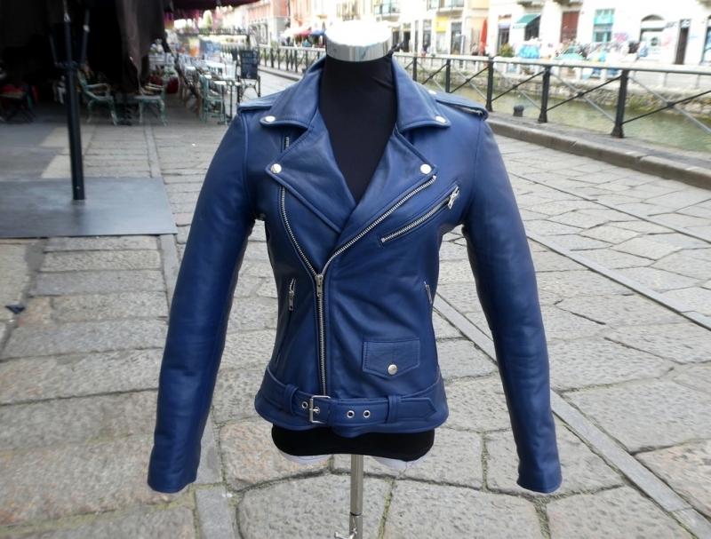 Giubbotto chiodo pelle blu notte Guendj biker tagl