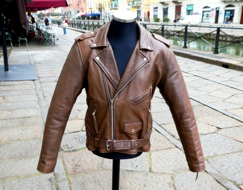Giubbotto pelle chiodo vintage cuoio marrone tagli