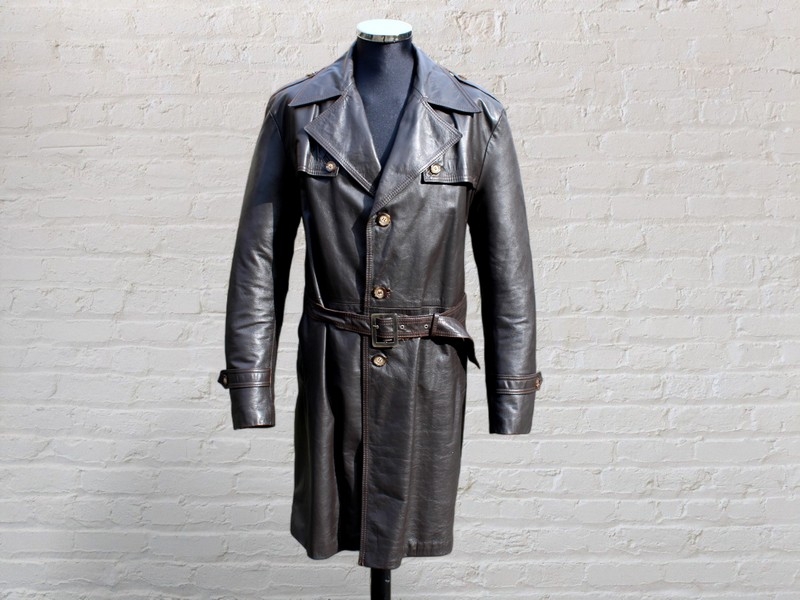 Trench pelle marrone vintage anni 70 uomo tagli XL