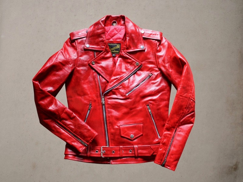 Giubbotto chiodo pelle rosso effetto vintage uomo 