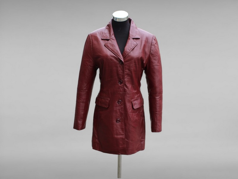 Giacca trench pelle corto monopetto donna borgogna