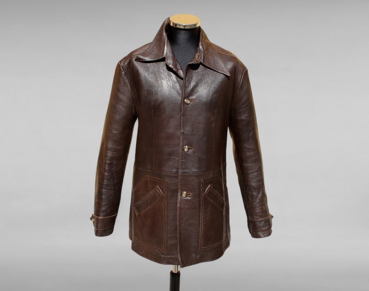Giacca pelle marrone anni 70 collettone a punta XL