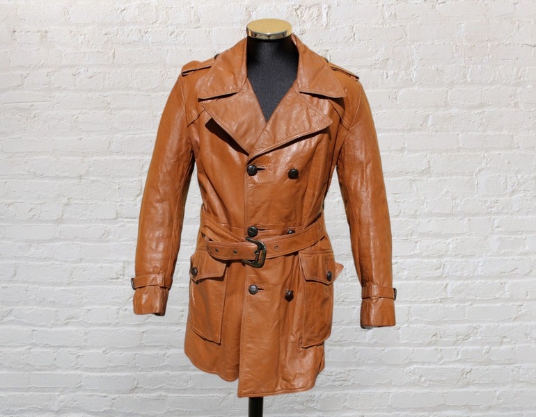 Trench pelle vintage anni 70 doppiopetto marrone t