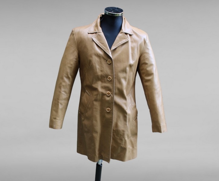 Trench pelle corto donna beige vintage taglia L 