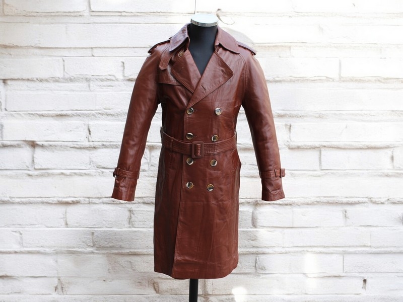 Trench pelle doppiopetto marrone cognac vintage M 