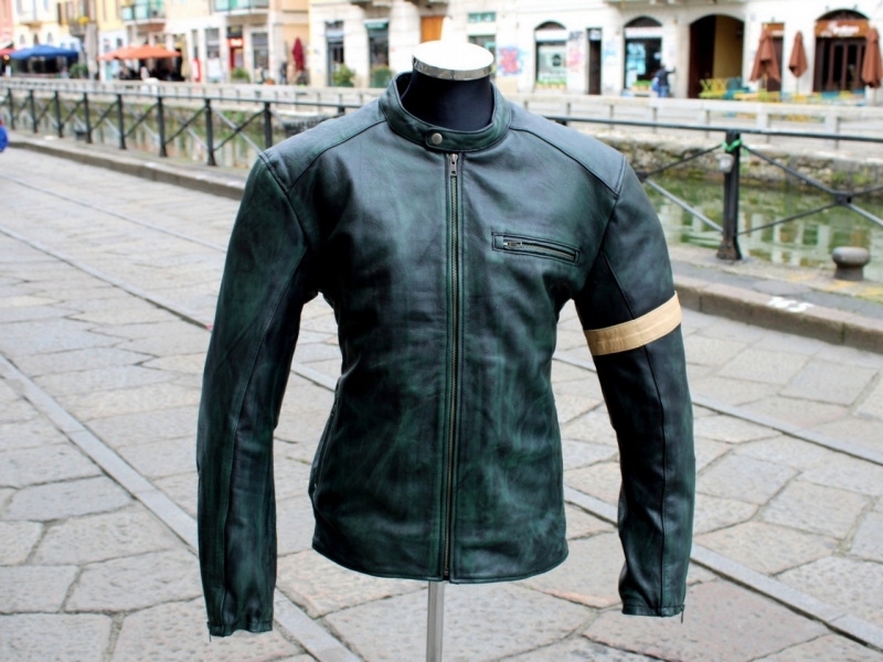 Giubbotto pelle moto biker verde con protezioni re