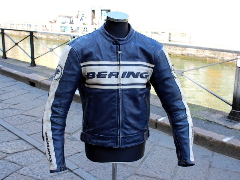 Giubbotto pelle biker old vintage Bering blu bianc