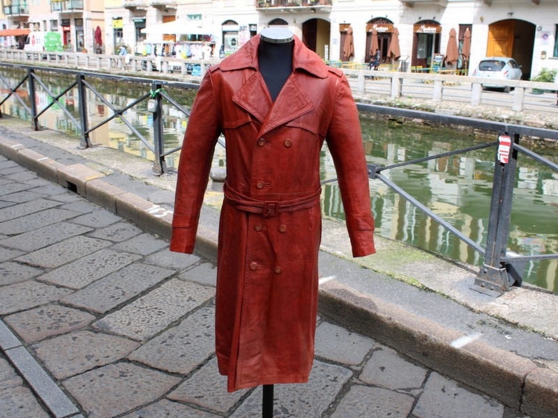 Trench pelle doppiopetto marrone cognac tabacco L 