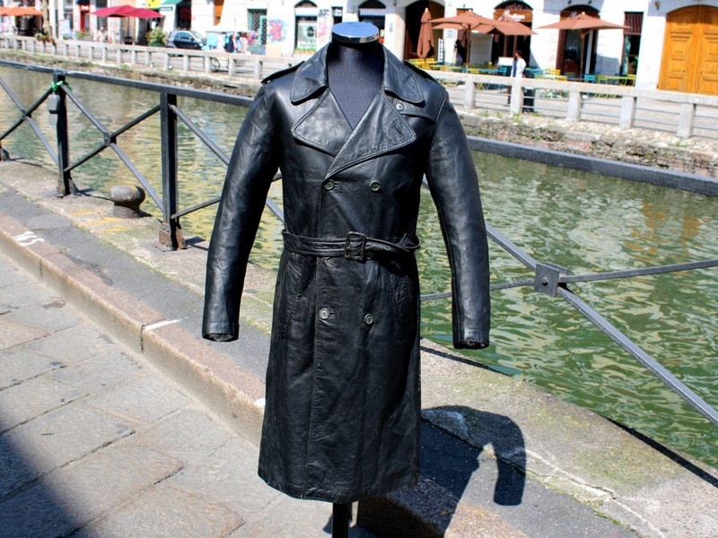 Trench pelle doppiopetto uomo vintage nero taglia 