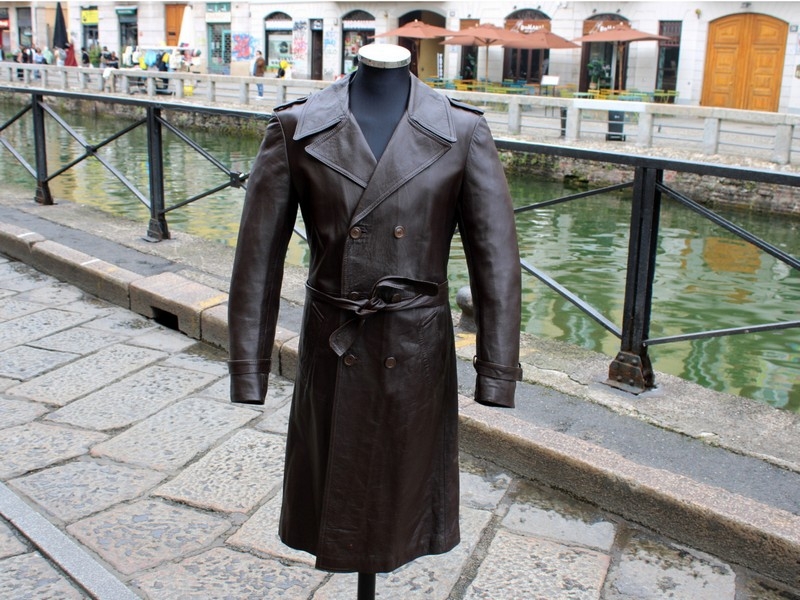 Trench pelle vintage anni 70 doppiopetto marrone t
