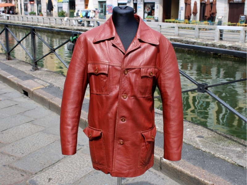 Giacca pelle marrone vintage modello camicia tagli