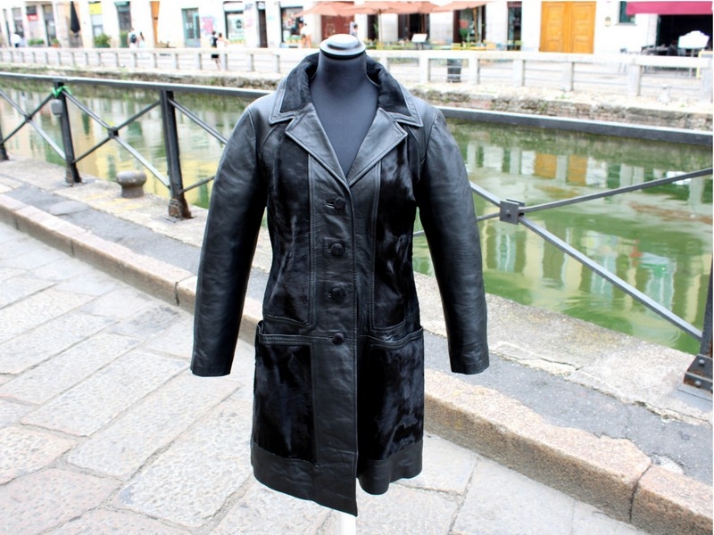 Trench cappotto pelle con inserti in pelliccia cav