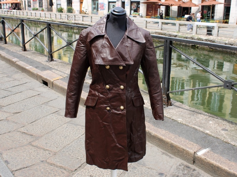 Trench pelle donna anni 70 doppiopetto vintage mar