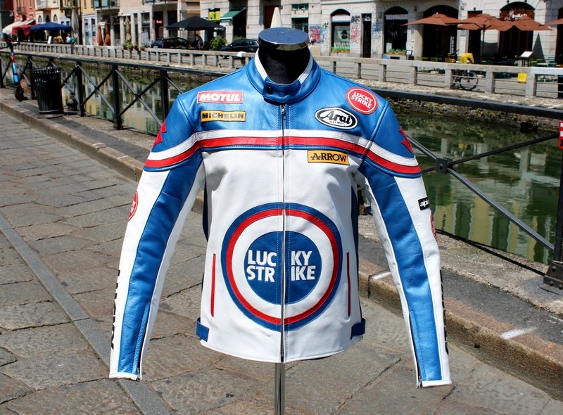 Giubbotto pelle moto biker Lucky strike bianco blu