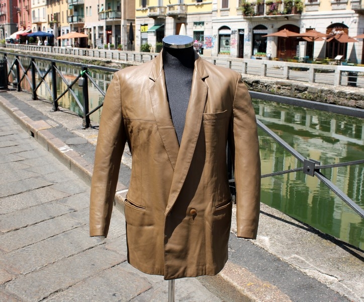 Giacca pelle blazer doppiopetto anni 90 beige vint