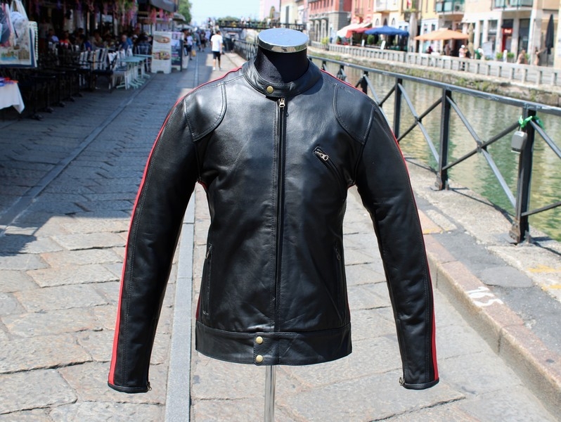 Giubbotto pelle moto guendj banda rossa laterale l