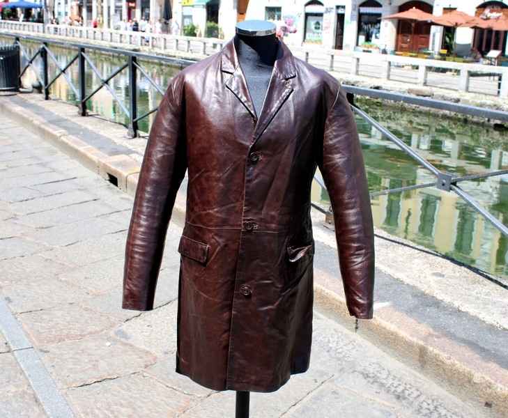 Trench pelle marrone cuoio monopetto vintage overc