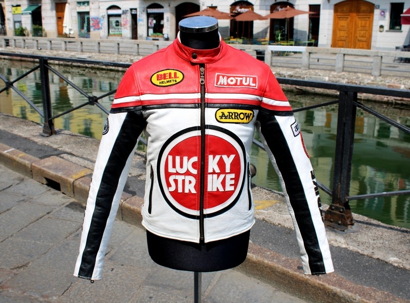 Giubbotto pelle moto biker Lucky strike bianco ros