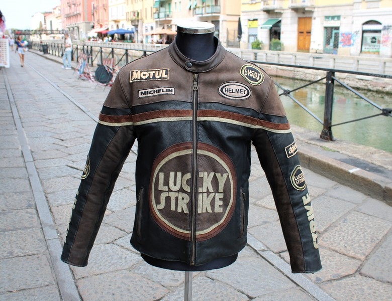 Giubbotto pelle moto biker Lucky strike nero marro