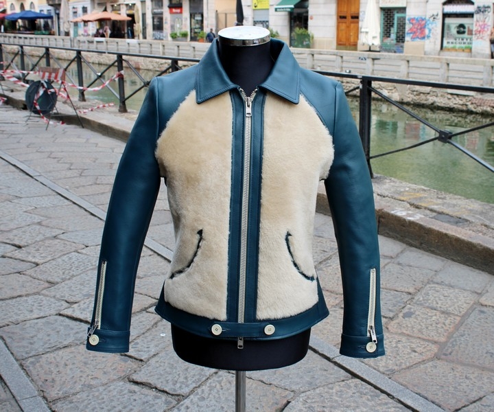 Giubbotto giacca pelle blu navy e montone shearlin