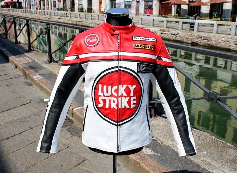Giubbotto pelle moto biker Lucky strike bianco ros