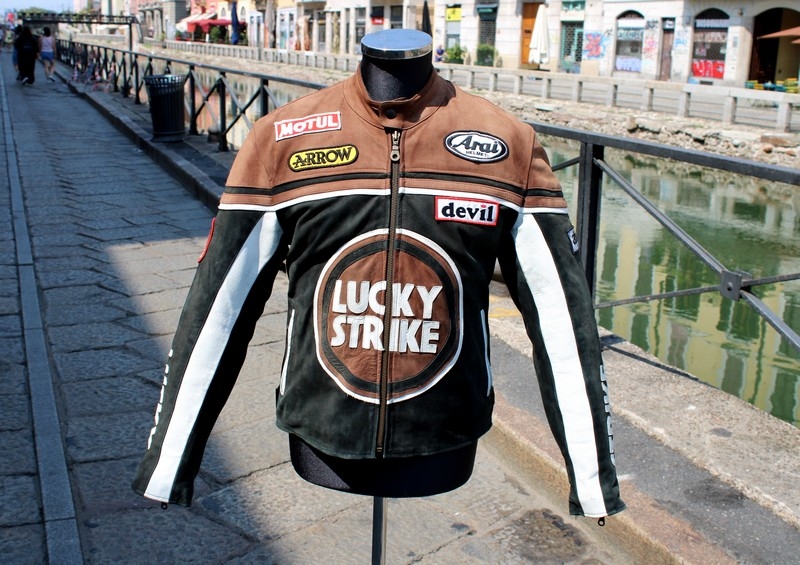 Giubbotto pelle moto biker Lucky strike nero marro