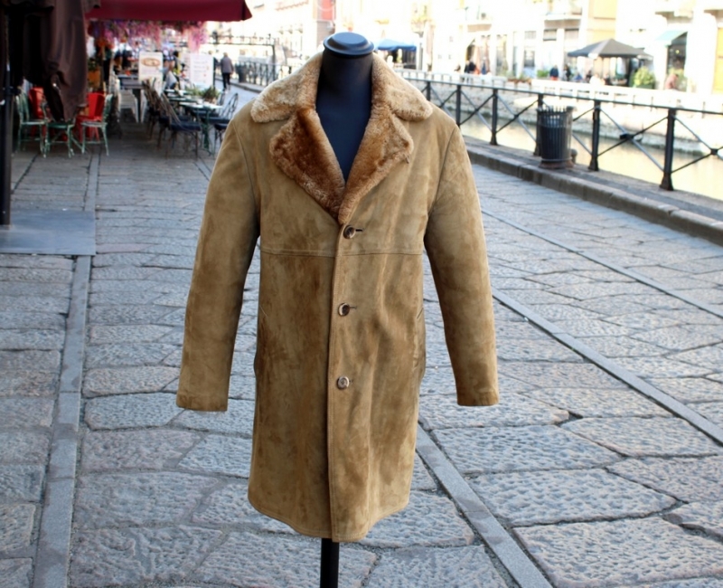 Beige suede leather coat interior padded shearling