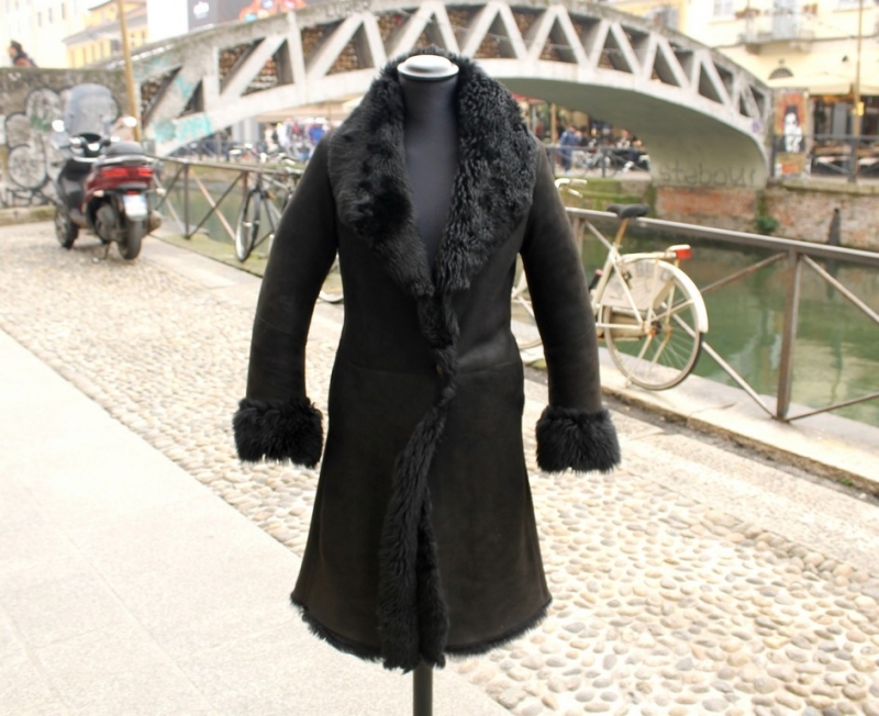Cappotto pelle montone shearling nero vintage tagl