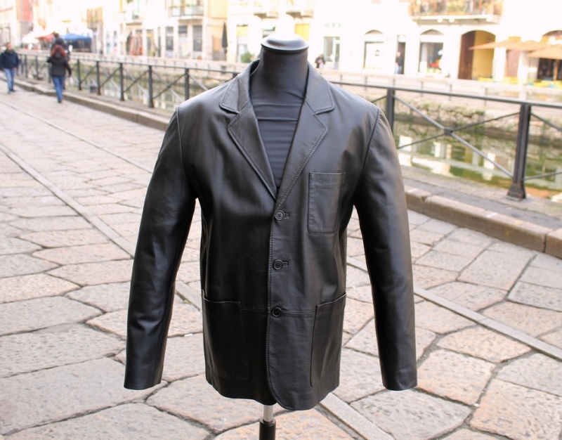 Giacca Pelle Vintage Nera Modello Blazer Made in I