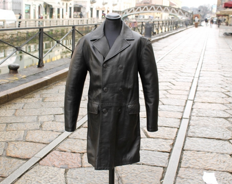 Trench Pelle Vintage Doppiopetto Nero Taglia 52