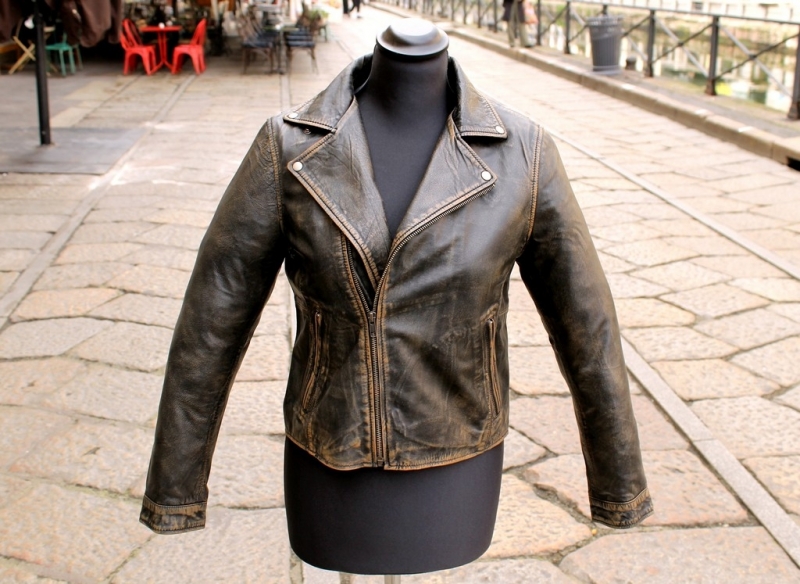 Giacca pelle Guendj stile biker marrone invecchiat