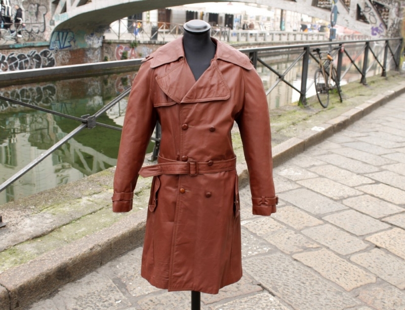 Trench in Pelle Marrone Tabacco Anni 70 Originale