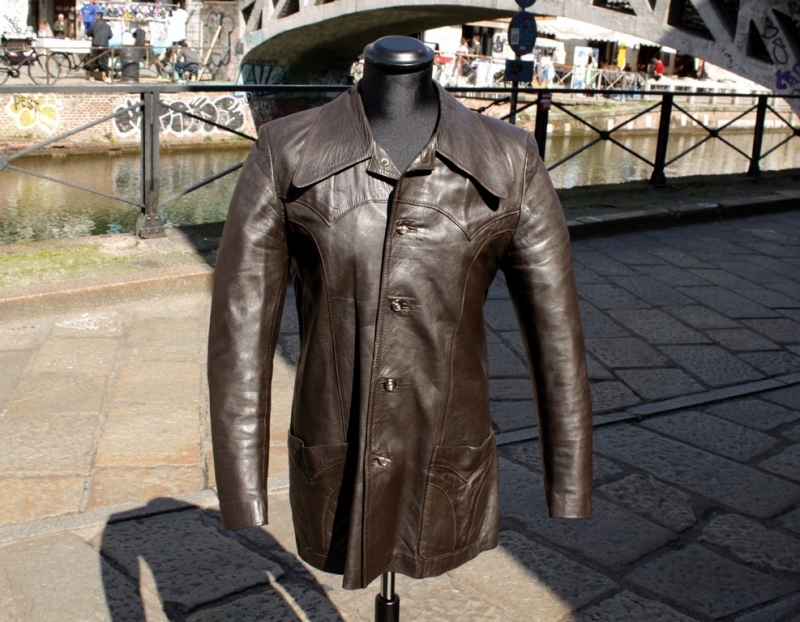 Giacca Pelle Marrone Vintage Modello Camicia Tagli