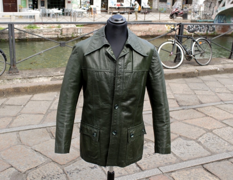 Giacca Pelle Verde Vintage Anni 70 Taglia M Eng