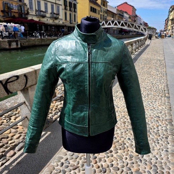 Giacca Giubbotto Pelle Verde Vintage Taglia S donn