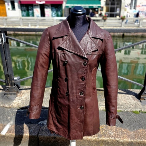 Trench pelle corto marrone donna vintage taglia M 