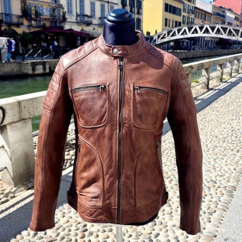 Giubbotto Pelle Modello Biker Marrone Sfumato Bels