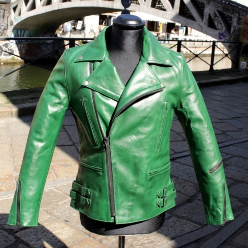 Giubbotto pelle verde modello chiodo inglese unise