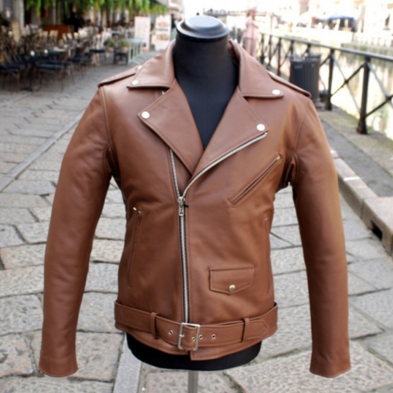 Giubbotto chiodo pelle pesante moto biker marrone 