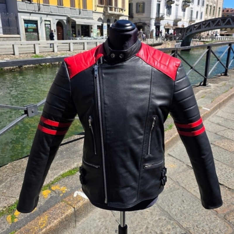 Giubbotto chiodo pelle stile biker moto cuir rosso